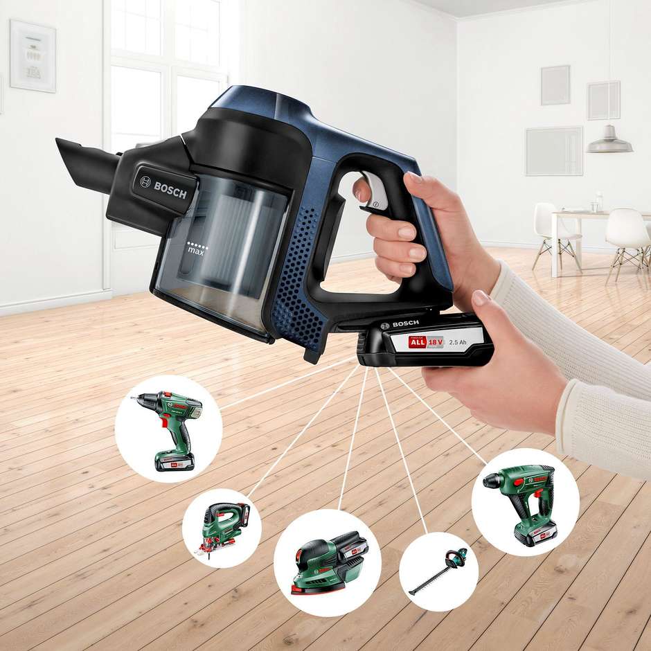 Bosch Unlimited Serie 6 BBS611PCK Scopa Elettrica Ricaricabile Senza Filo 18V Batteria 2,5Ah Made in Germany Blu