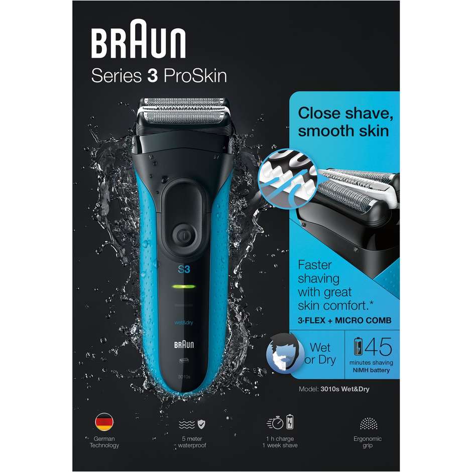 Braun 3010s ProSkin Series 3 rasoio elettrico ricaricabile Wet&Dry autonomia 45 min colore blu