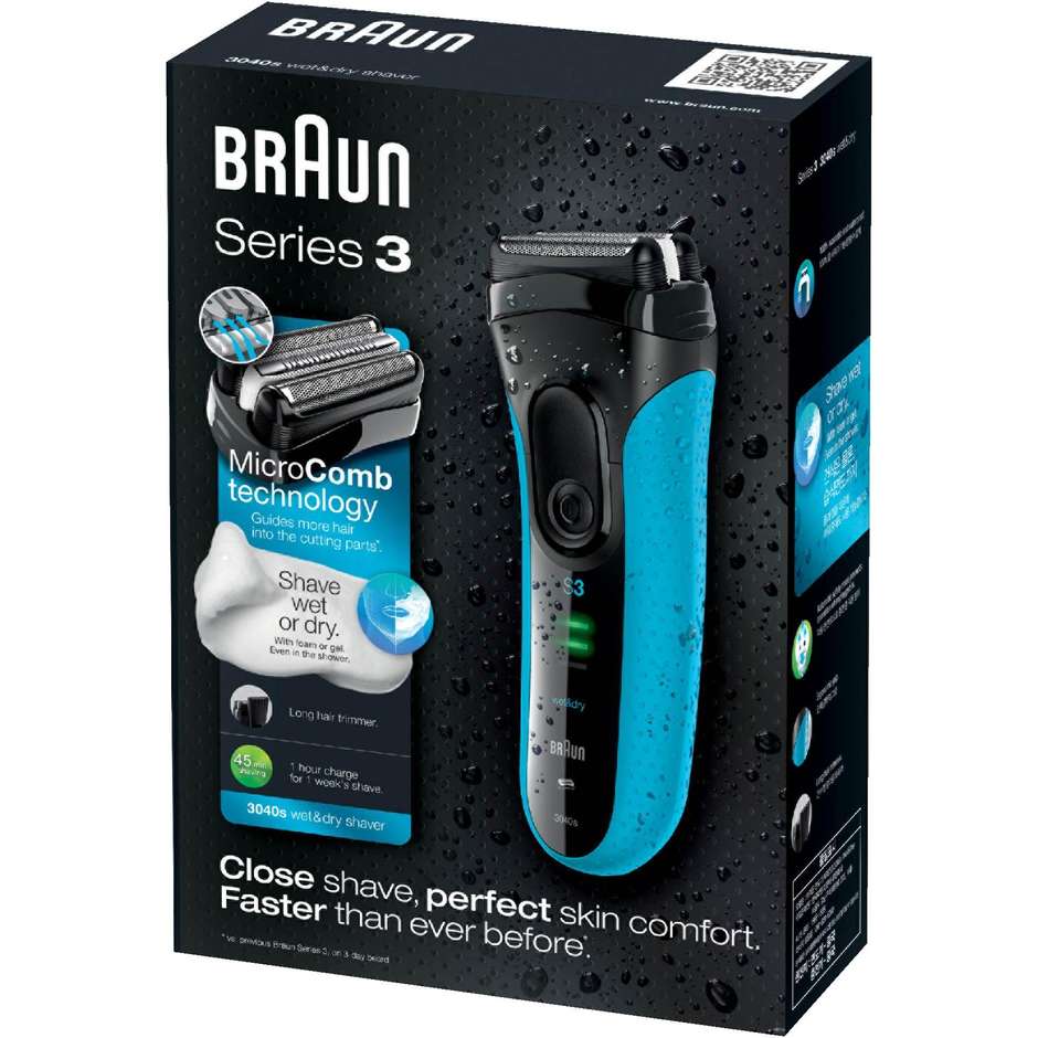 Braun 3040s Series 3 ProSkin rasoio elettrico ricaricabile Wet&Dry colore blu