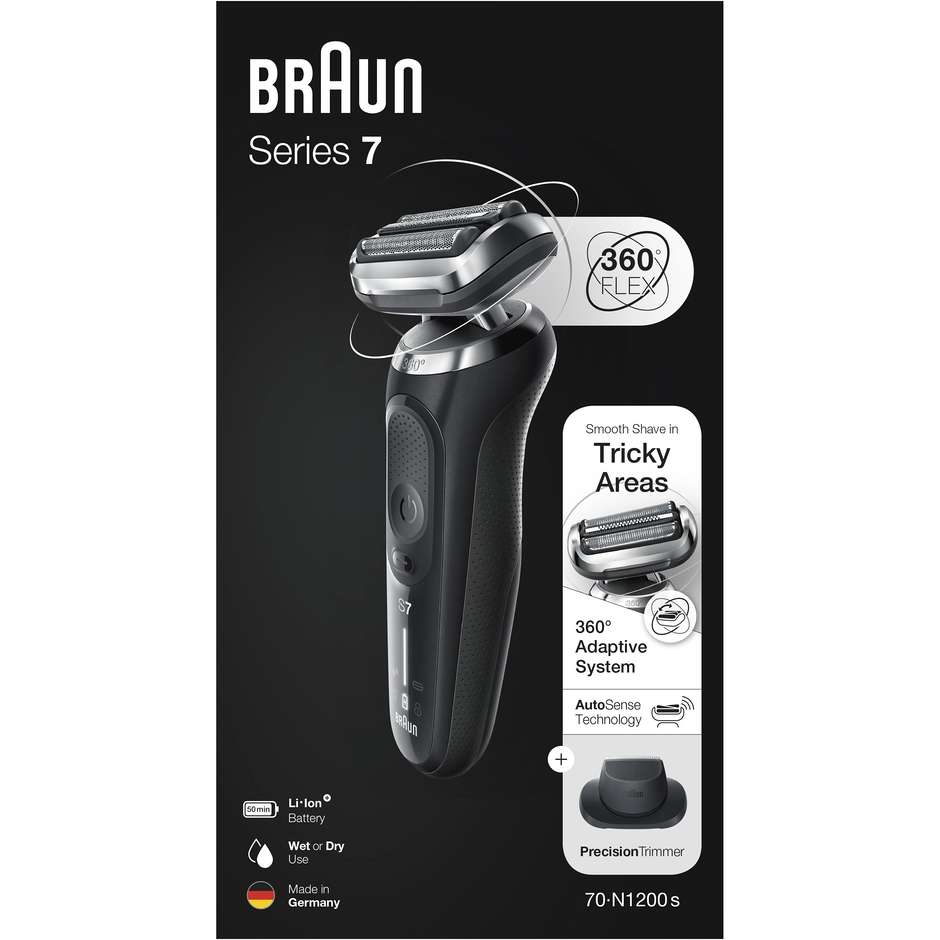 Braun 70-N1200s rasoio a lamina Wet & Dry 360° Flex nero con rifinitore