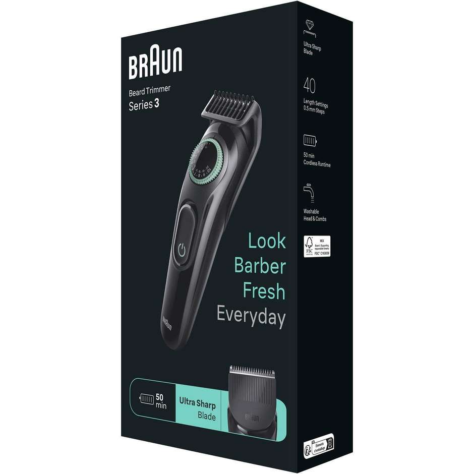 Braun BT3411 Beard Trimmer 3 + Accessori Colore Nero, Verde