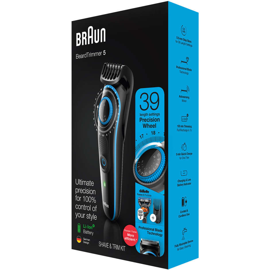 Braun BT5240 Regolabarba Ricaricabile con Ghiera di Precisione a 39 Lunghezze e AutoSense