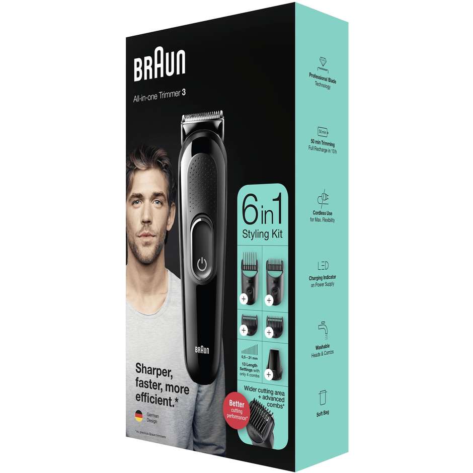 Braun MGK3335 Kit Rifinitore Multifunzione Tutto-in-Uno 6 in 1 per Barba e Capelli Nero