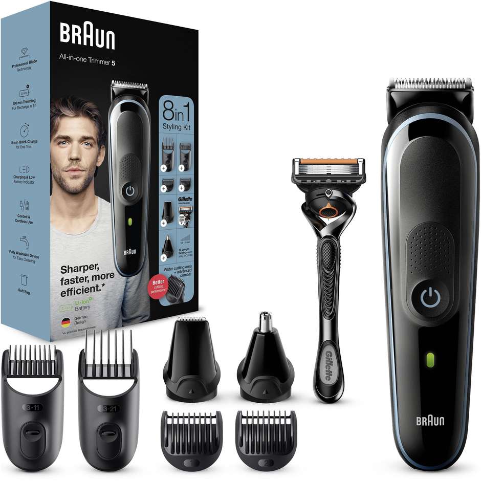 Braun MGK5365 rifinitore 8 in 1 per barba e capelli, autonomia 100 minuti