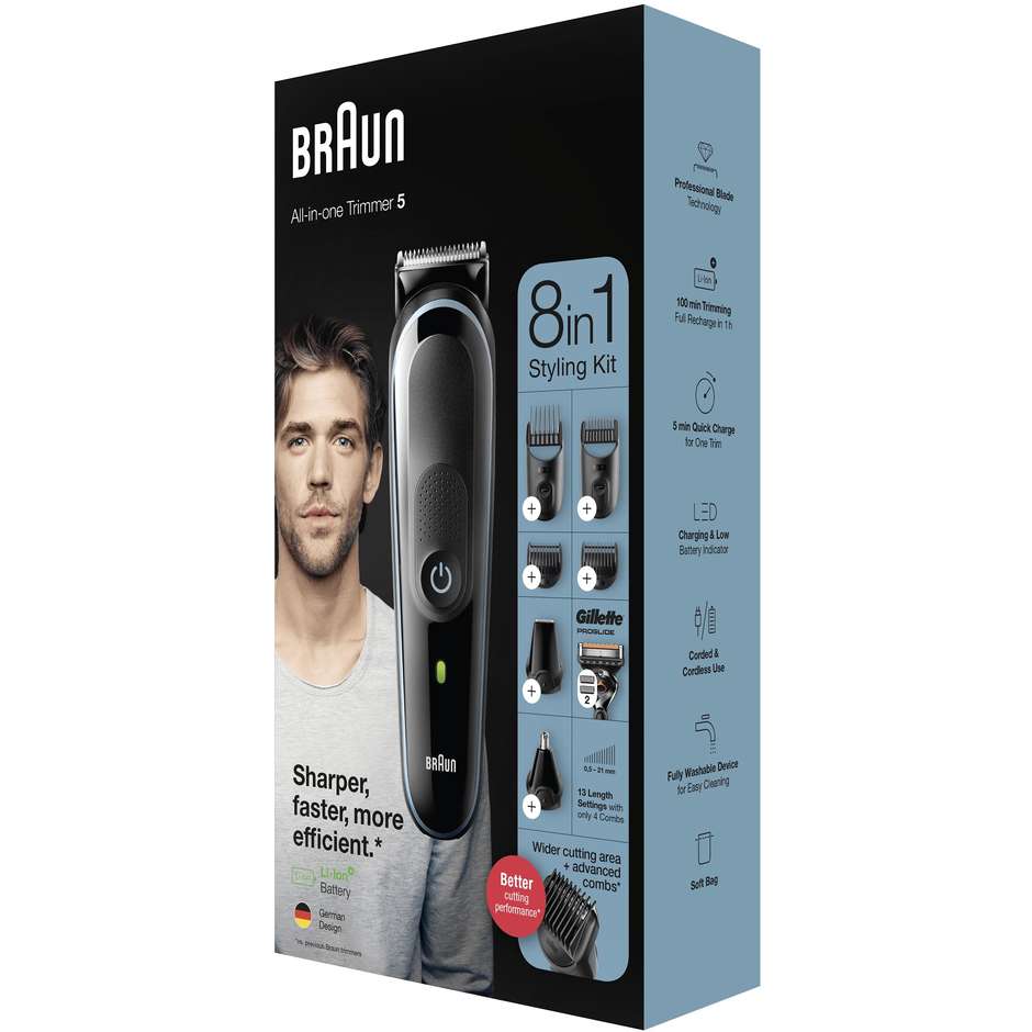 Braun MGK5365 rifinitore 8 in 1 per barba e capelli, autonomia 100 minuti
