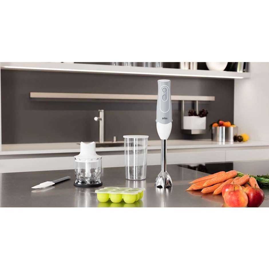 Braun MultiQuick 5 MQ523 Baby Frullatore ad Immersione 600 W con Accessorio Pappe e Freezer Tray Bianco e Grigio