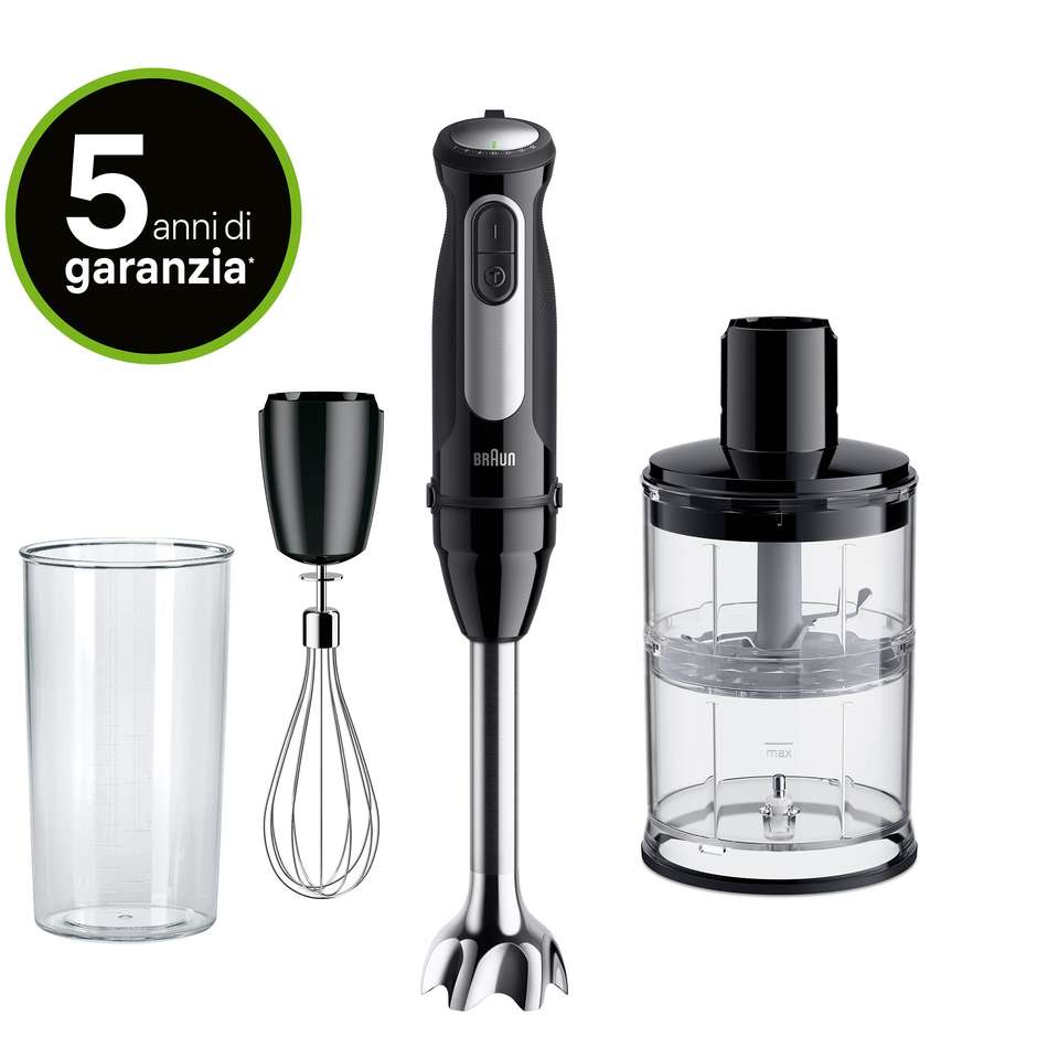 Braun MultiQuick 5MQ55254MBK Frullatore ad immersione + Accessori Potenza 1000 W Capacita 0,5 Lt Colore Nero, Acciaio inox