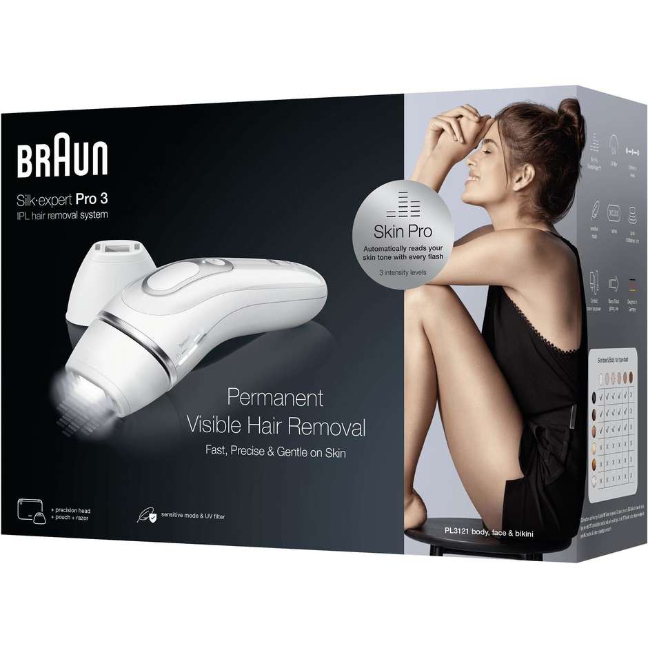 Braun PL3121 Epilatore a luce pulsata ricariabile con 3 accessori 3 Liv Intensità colore bianco