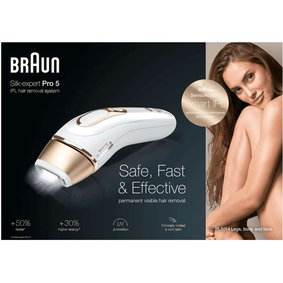 Braun PL5014 Silk-expert Pro 5 Epilatore a luce pulsata 400.000 impulsi 10 intensità colore Bianco, Oro