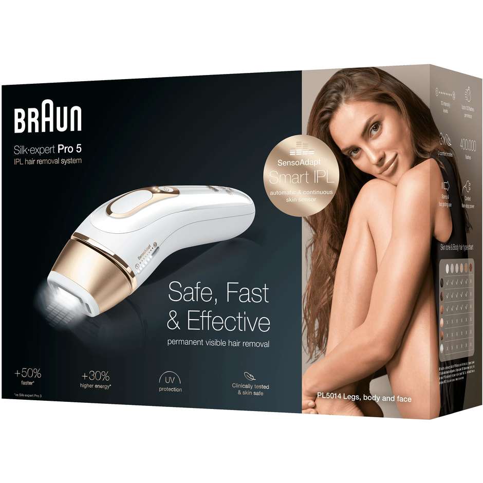 Braun PL5014 Silk-expert Pro 5 Epilatore a luce pulsata 400.000 impulsi 10 intensità colore Bianco, Oro