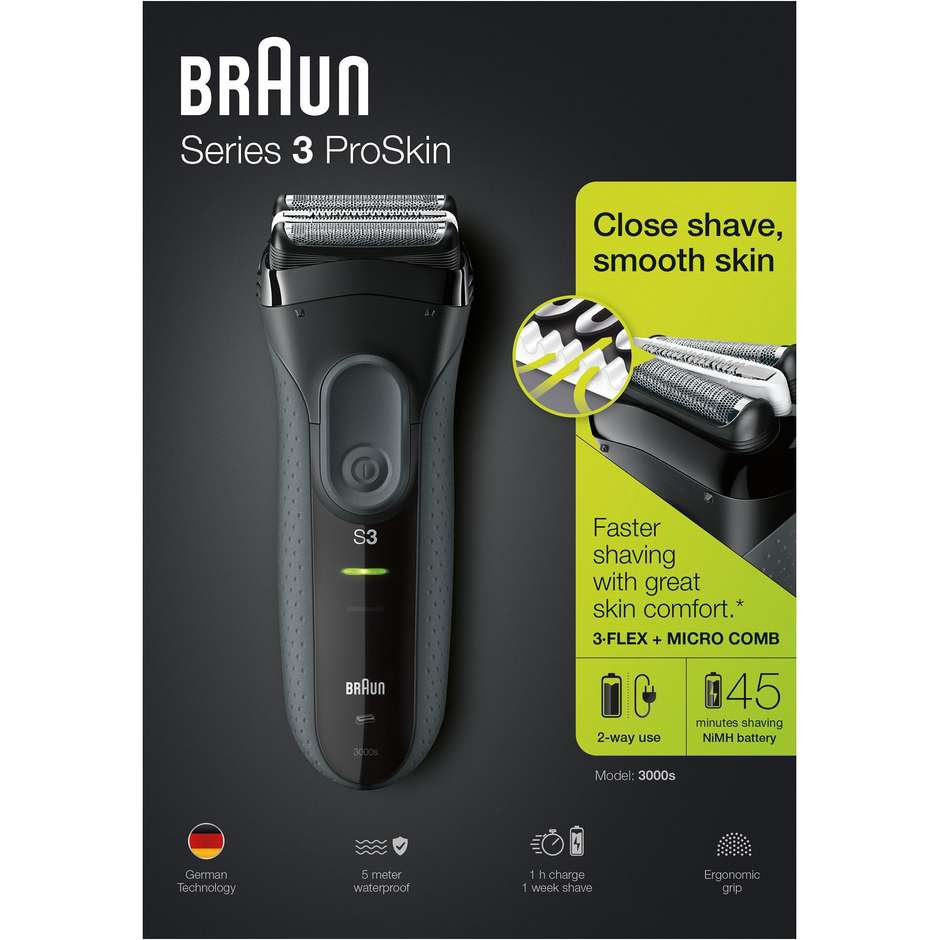 Braun Series 3 ProSkin 3000s rasoio elettrico ricaricabile autonomia 45 min