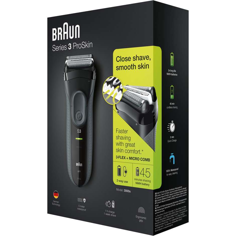 Braun Series 3 ProSkin 3000s rasoio elettrico ricaricabile autonomia 45 min