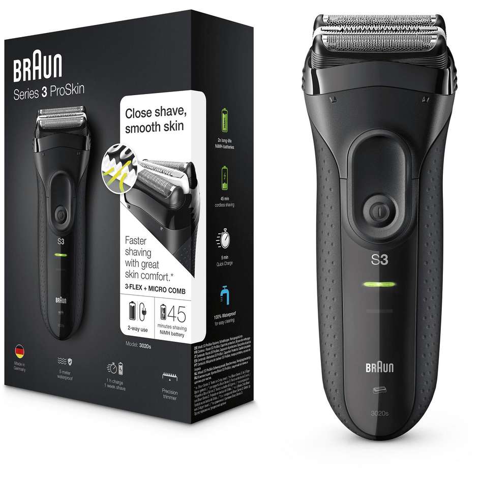 Braun Series 3 ProSkin 3020s rasoio a lamina nero ricaricabile con rifinitore