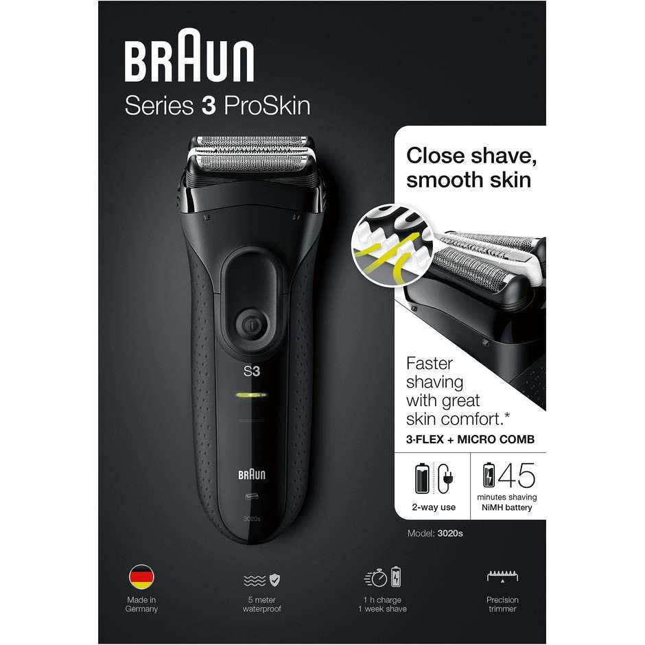 Braun Series 3 ProSkin 3020s rasoio a lamina nero ricaricabile con rifinitore