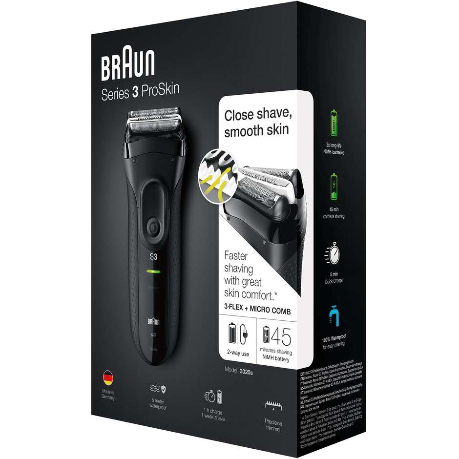 Braun Series 3 ProSkin 3020s Rasoio Elettrico Ricaricabile e a Rete con MicroComb Nero