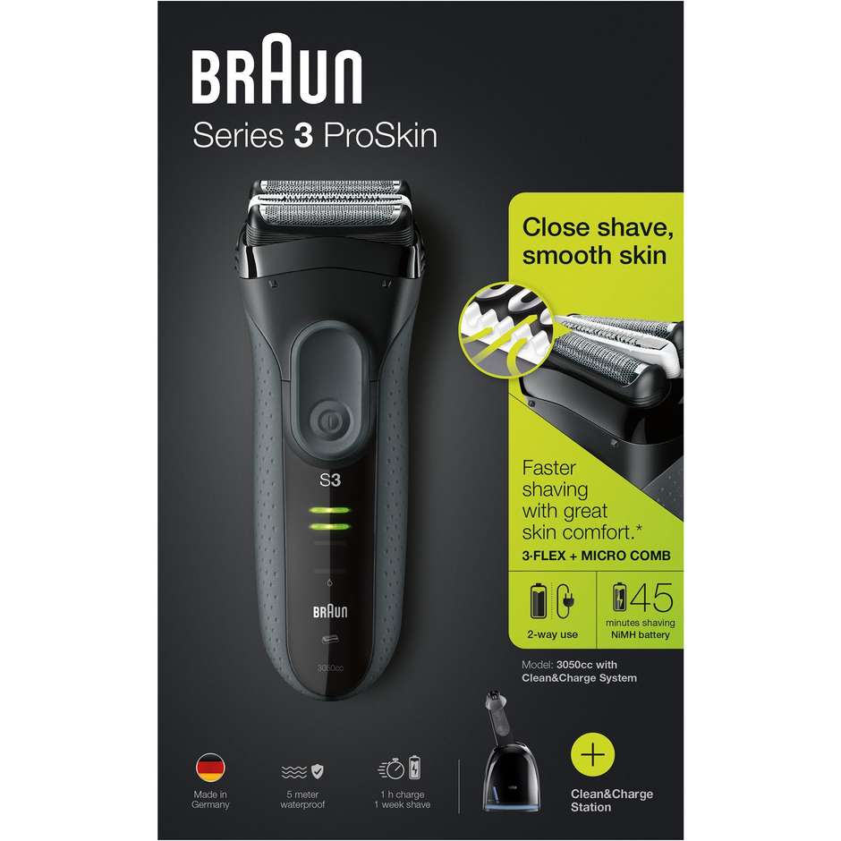 Braun Series 3 ProSkin 3050cc rasoio a lamina con stazione di pulizia e ricarica