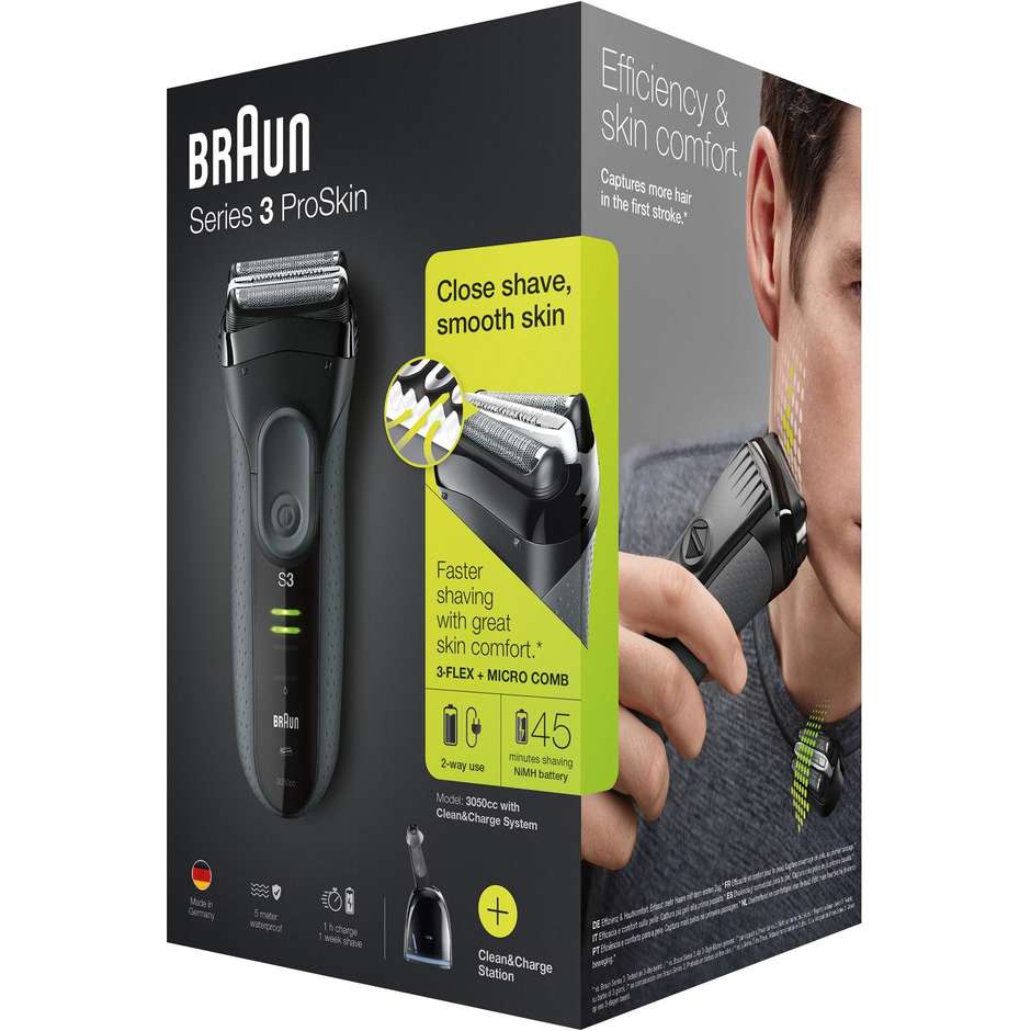 Braun Series 3 ProSkin 3050cc Rasoio Elettrico Ricaricabile con Stazione Clean&Charge e MicroComb