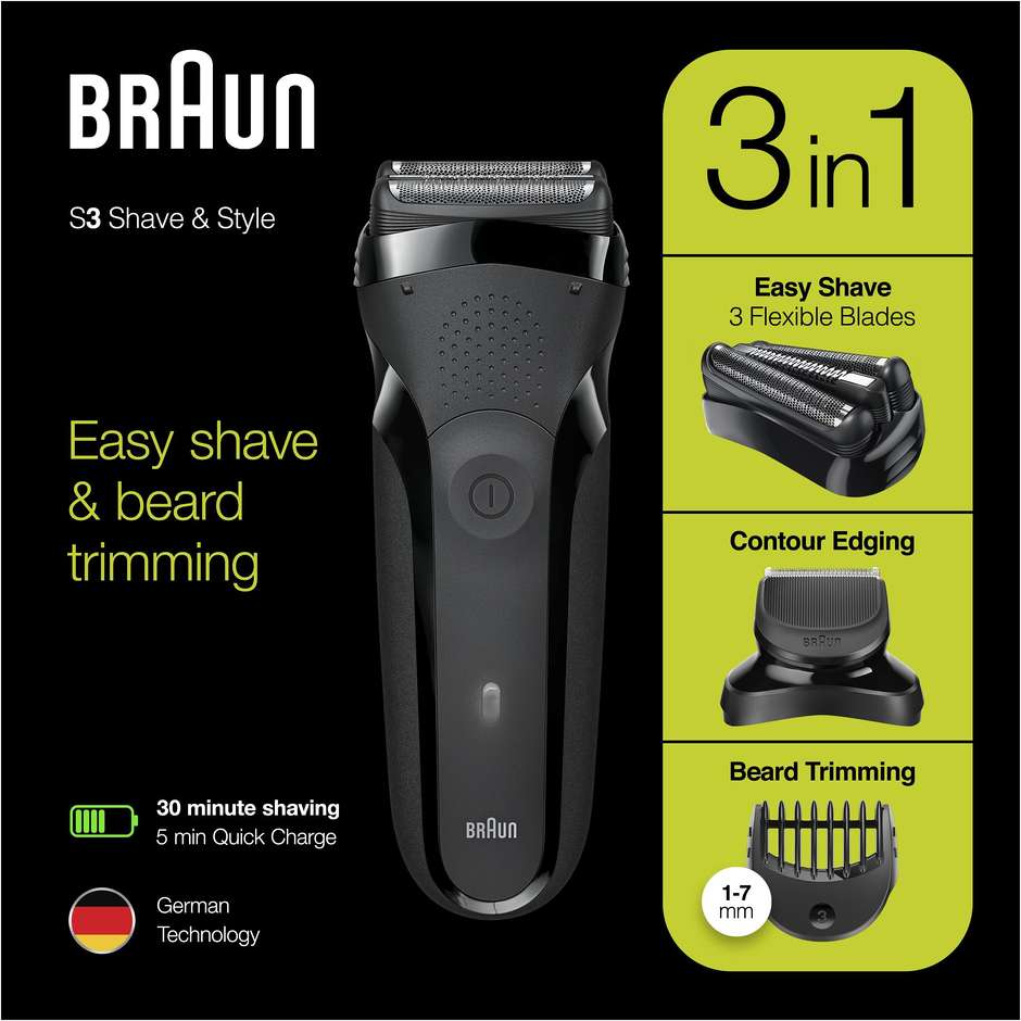 Braun Series 3 Shave&Style 300BT Rasoio Da Barba Elettrico Da Uomo Colore Nero