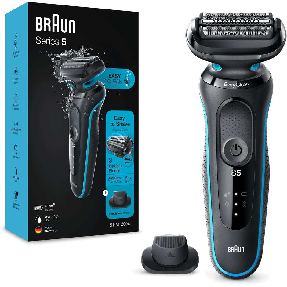Braun Series 5 51-M1200-S Rasoio Elettrico Wet & Dry con EasyClean e Rifinitore Nero e Blu