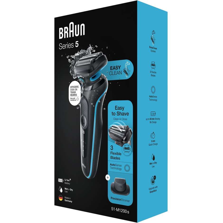 Braun Series 5 51-M1200-S Rasoio Elettrico Wet & Dry con EasyClean e Rifinitore Nero e Blu
