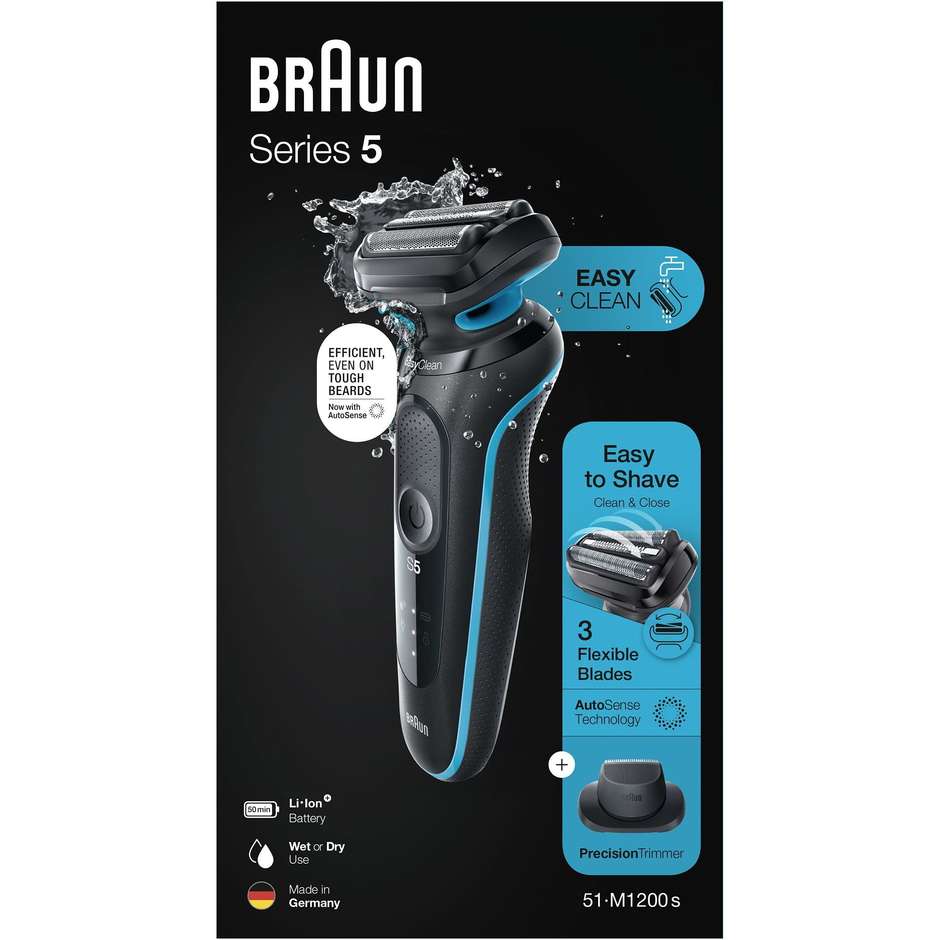 Braun Series 5 51-M1200-S Rasoio Elettrico Wet & Dry con EasyClean e Rifinitore Nero e Blu