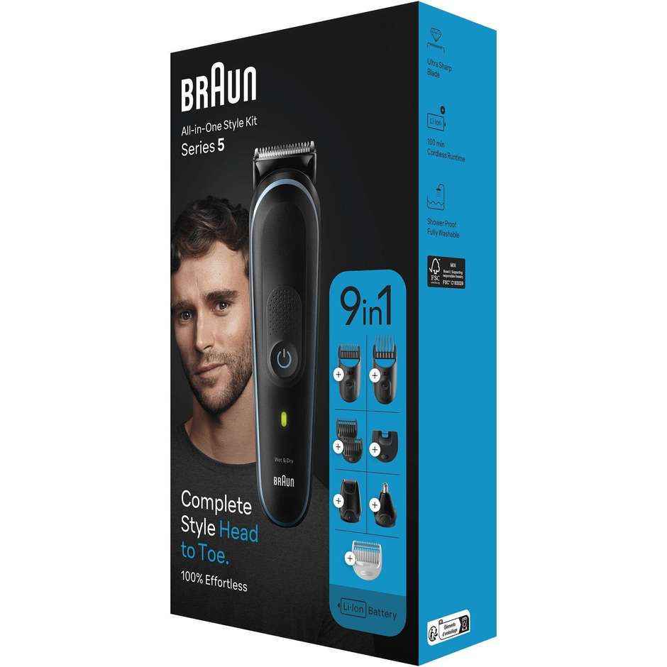 Braun Series 5 MGK5411 Kit Rifinitore Multifunzione 9 in 1 Wet & Dry Viso e Corpo
