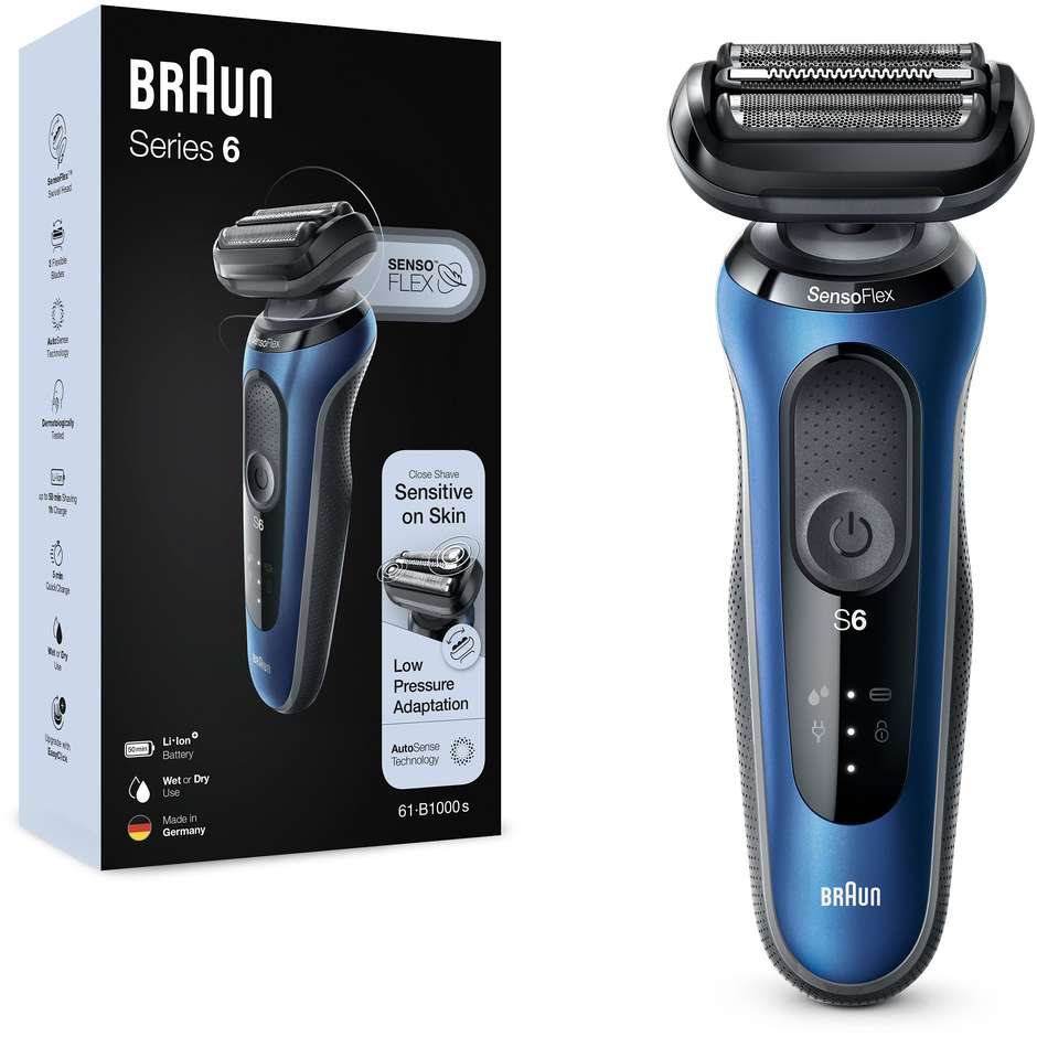 Braun Series 6 61-B1000s Rasoio Elettrico Uomo Wet&Dry Ricaricabile Rasoio A Lamina Senza Fili Colore Blu