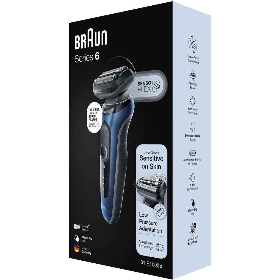 Braun Series 6 61-B1000s Rasoio Elettrico Uomo Wet&Dry Ricaricabile Rasoio A Lamina Senza Fili Colore Blu