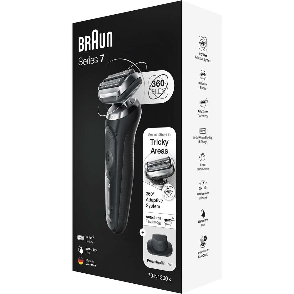 Braun Series 7 70-N1200S Rasoio Elettrico Wet & Dry con Testina 360° Flex e Custodia Nero