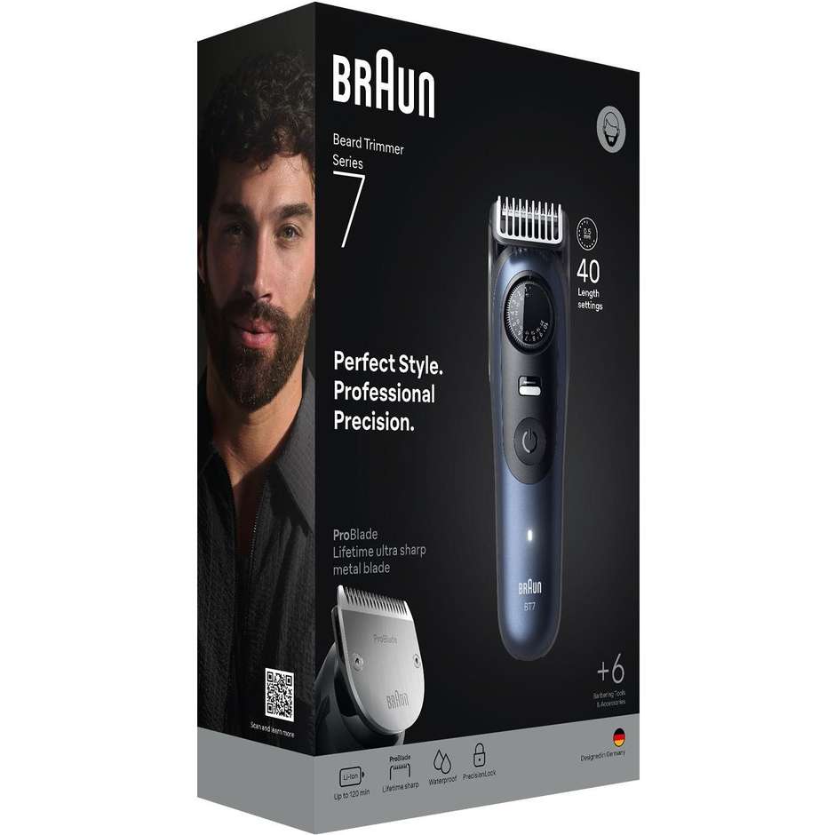 Braun Series 7 BT7520 Regolabarba di Precisione Wet & Dry con Ghiera 40 Lunghezze e ProBlade