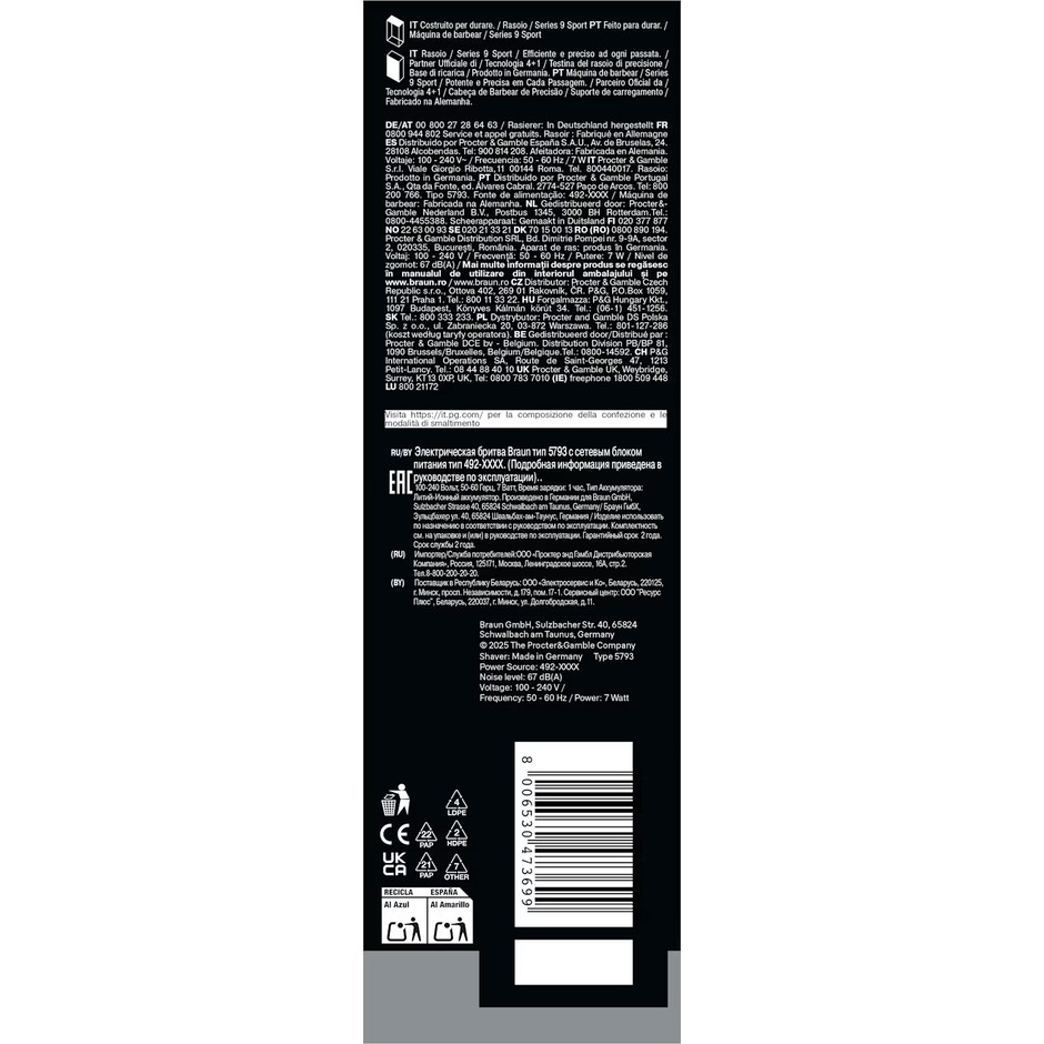 Braun Series 9 Sport S9110s rasoio elettrico Wet&Dry nero con base di ricarica