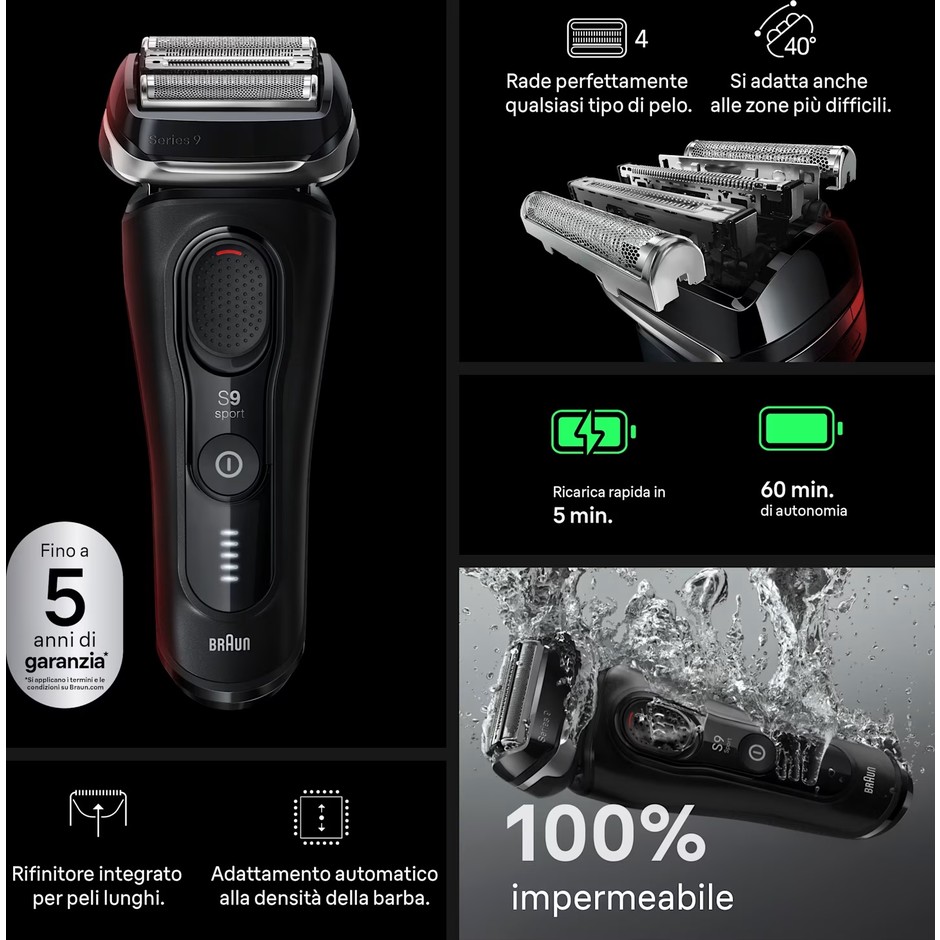 Braun Series 9 Sport S9110s rasoio elettrico Wet&Dry nero con base di ricarica