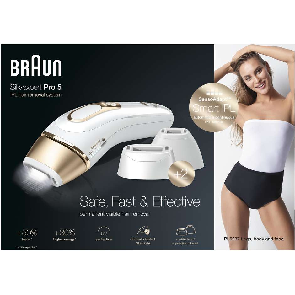Braun Silk-expert Pro 5 PL5237 Epilatore a luce pulsata con 4 accessori colore bianco e oro