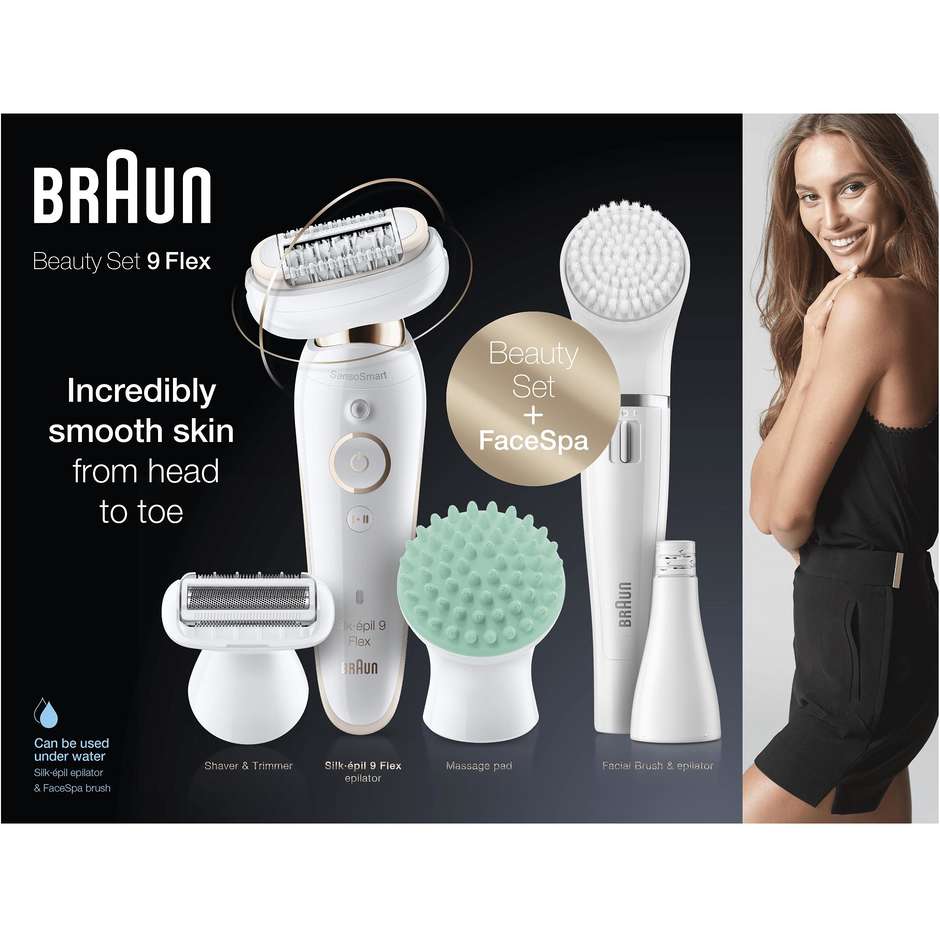 Braun Silk-èpil Flex 9 9300 Epilatore per corpo ricaricabile Wet&Dry FaceSpa 8 accessori colore Bianco
