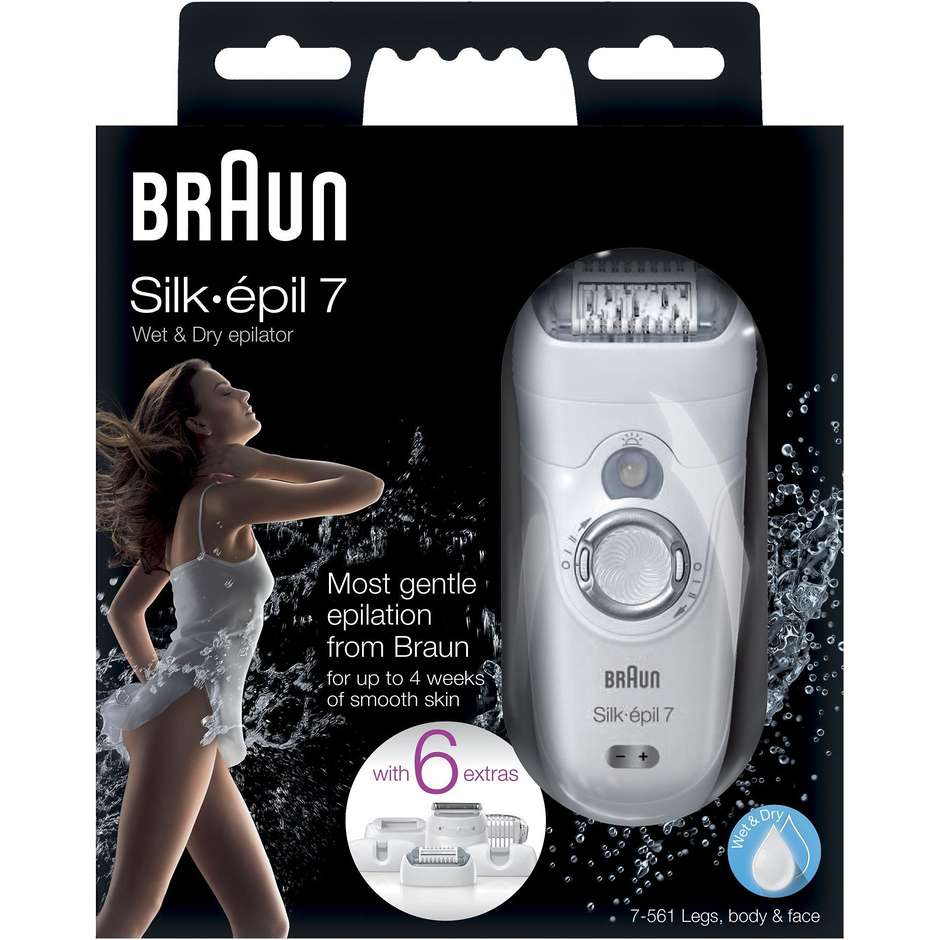 Braun Silk-épil 7 7-561 Epilatore senza fili Wet&Dry 2 Velocità 6 accessori colore Bianco,Argento