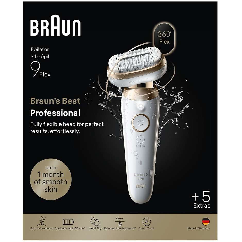 Braun Silk-épil 9 Flex SES9-060 Epilatore Wet & Dry 3D con Testina Rasoio e Spazzola Oro