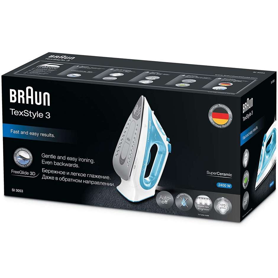 Braun TexStyle 3 SI3053BL Ferro da Stiro a Vapore Piastra Ceramica 2400 W Bianco e Blu
