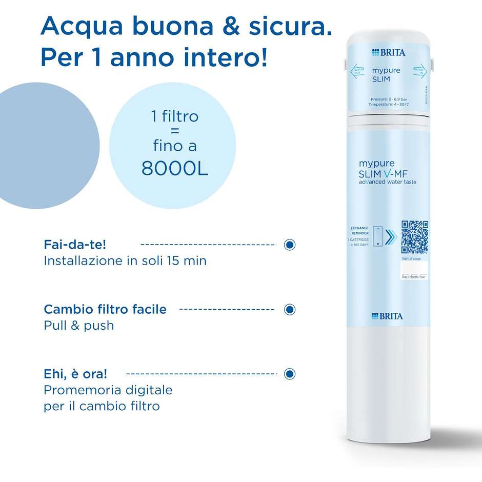 Brita Sistema filtrante mypure SLIM V-MF Sistema sottolavello per il tuo rubinetto per acqua buona e priva di batteri al 99,999% Colore Bianco