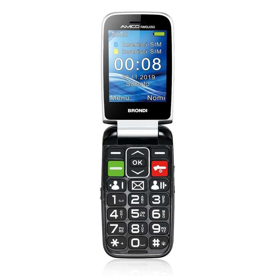 Brondi Amico Favoloso Telefono Cellulare a Conchiglia 2,8" Dual SIM Bluetooth Tasto SOS Nero