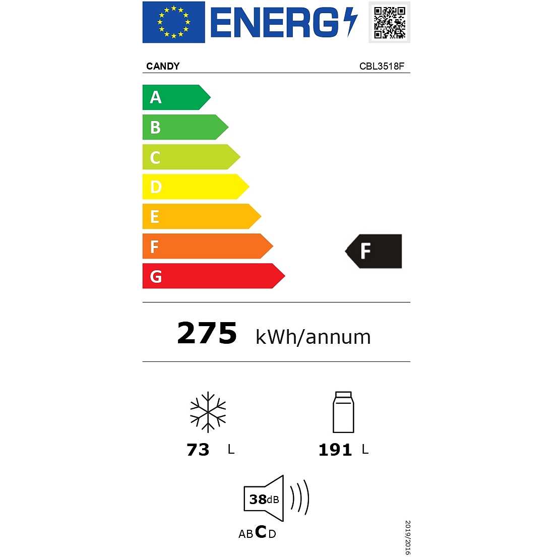 Candy CBL3518F Frigorifero da incasso combinato low frost - 267 litri -  classe F (A+) - controllo elettronico