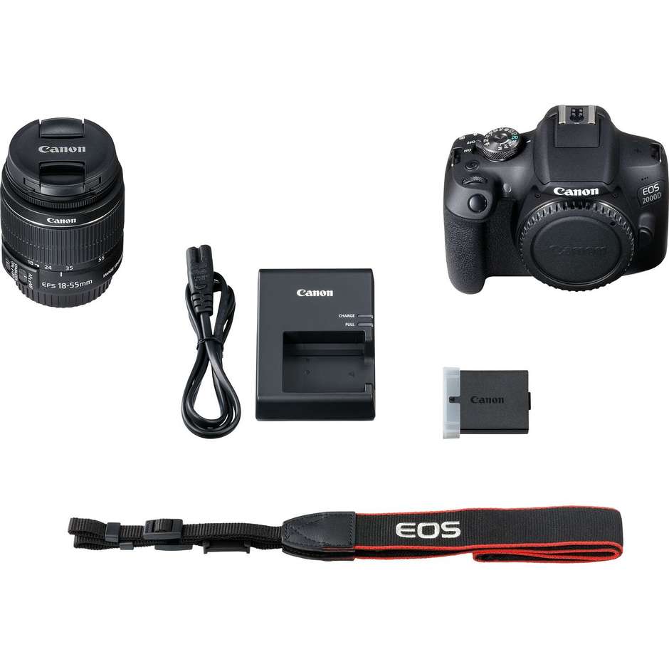 Canon EOS 2000D Fotocamera Reflex Display LCD 3" 24.1 megapixel Wi-fi + Obiettivo EF-S 18-55mm IS II + Kit batteria