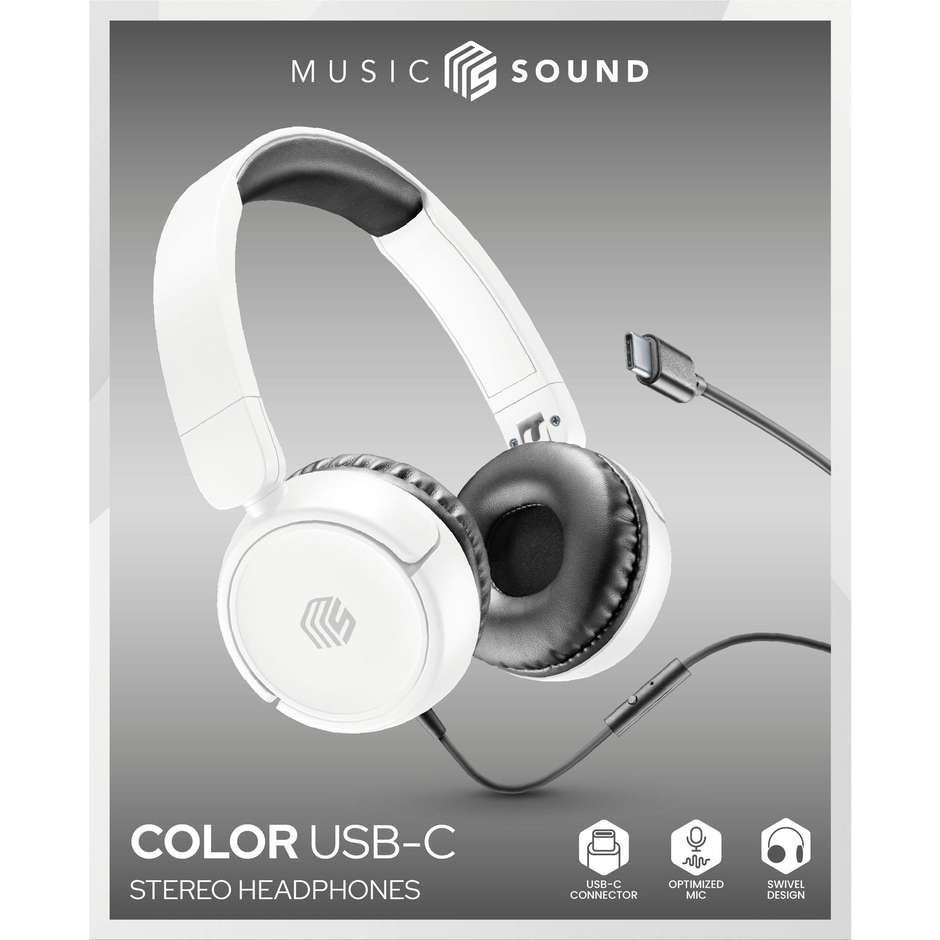 CELLULAR LINE MUSICSOUNDUSBCW Cuffie Wireless Bluetooth con Microfono Integrato Cancellazione Attiva del Rumore ANC Colore White