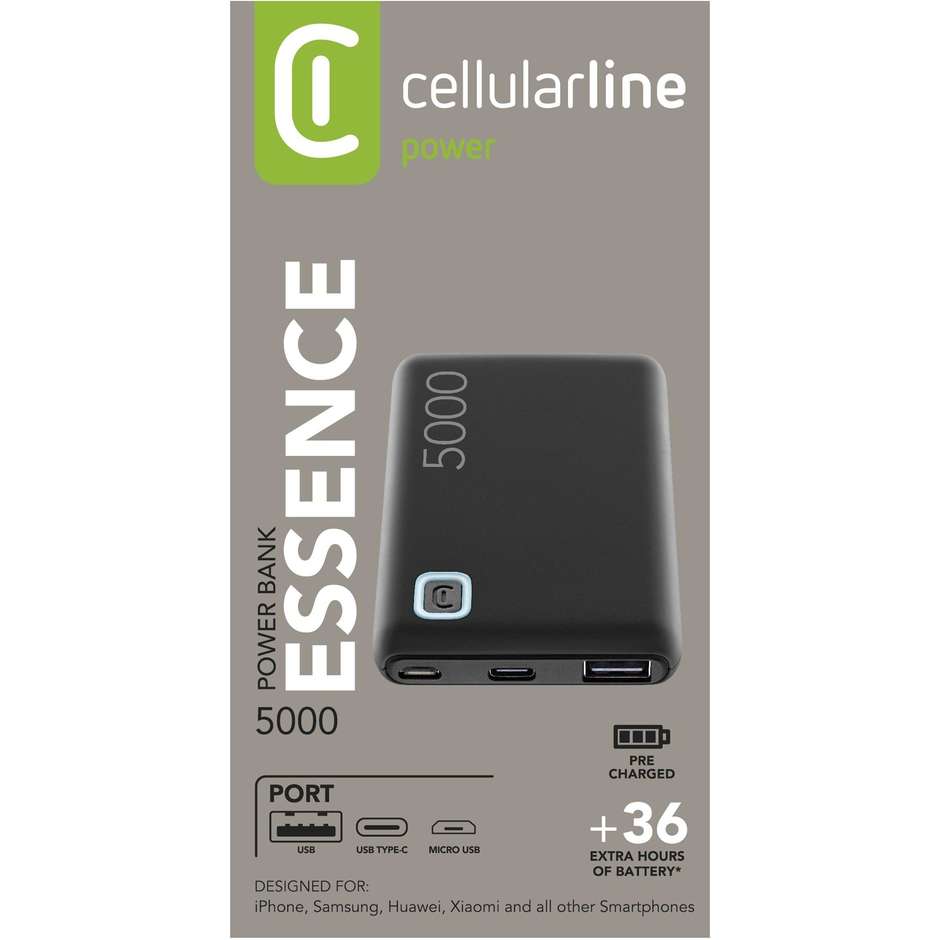 Cellularline Essence Power Bank 5000 mAh Caricabatterie Portatile 12W Nero