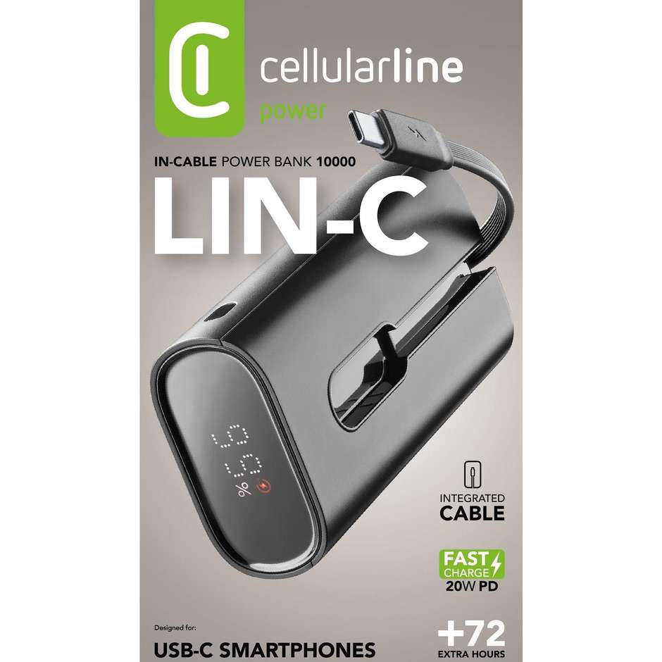 Cellularline Linc-C Power Bank 10000 mAh 20W USB-C con Cavo Integrato Grigio (PBLINK10000K)