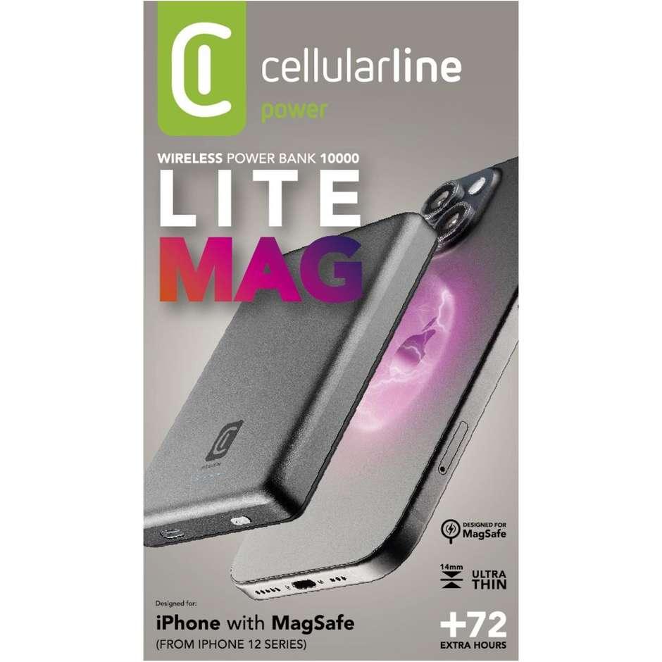 Cellularline MagSlim Power Bank 10000 mAh Wireless Magnetico compatibile MagSafe Grigio (PBMAGSLIM10000WIRD)
