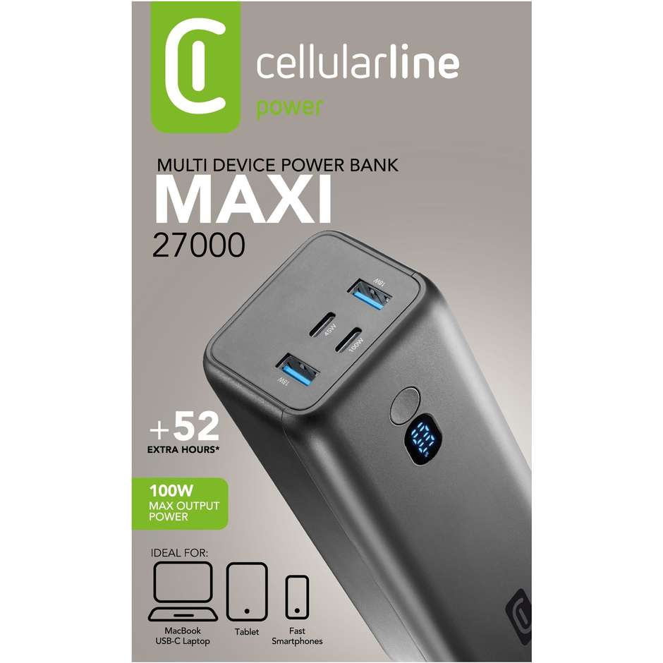 Cellularline Maxi 27000 Power Bank 27000 mAh 100W Power Delivery per Laptop e Smartphone Nero (PBMAXIIT27000K)