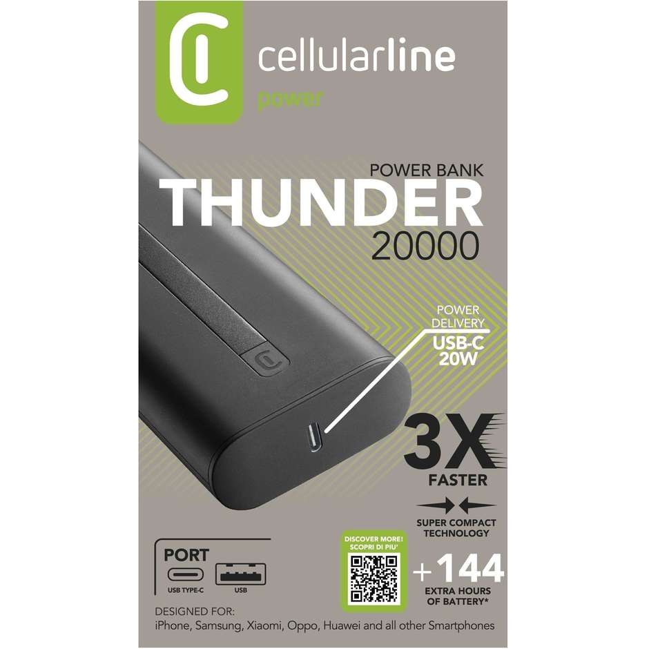 Cellularline Power Bank THUNDER 20000 Caricabatterie portatile extra compatto