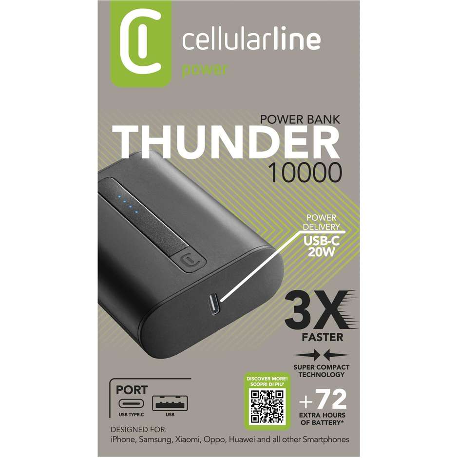 Cellularline Thunder Power Bank 10000 mAh 20W Power Delivery Extra Compatto Nero