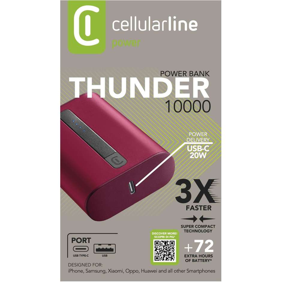 Cellularline Thunder Power Bank 10000 mAh 20W Power Delivery Extra Compatto Rosso