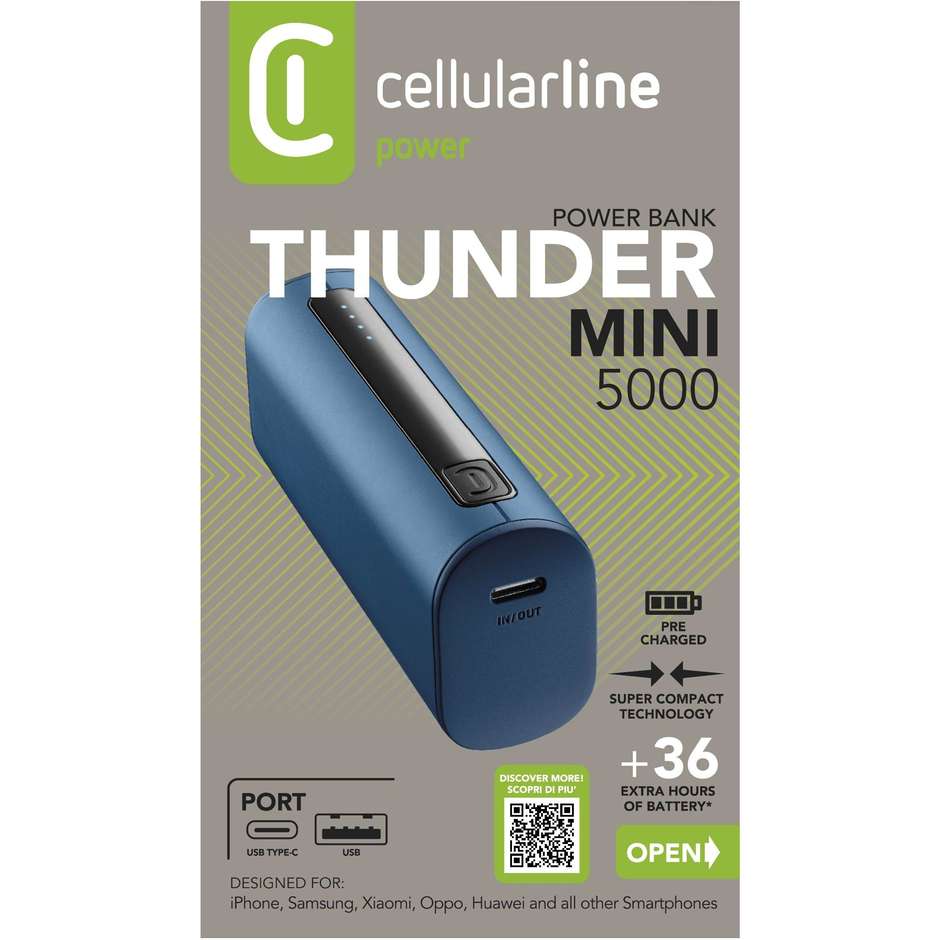 Cellularline Thunder Power Bank 5000 mAh Caricabatterie Portatile Extra Compatto Blu